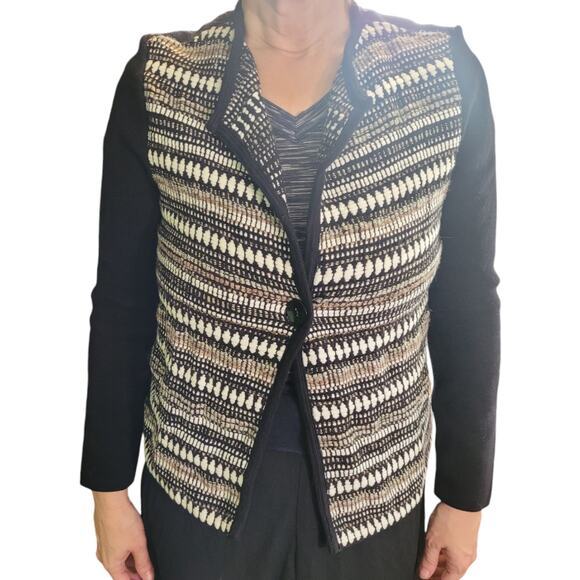 Chico’s Metallic 3D Knit Tribal Stripe Cardigan Sweater S Preppy Old Money - Picture 1 of 10